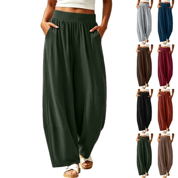 Lenago Women's Solid Color Jogger Style Casual Pants with Elastic Waist and Pockets Comfortable Relaxed Fit Trousers for Athleisure Home Workout