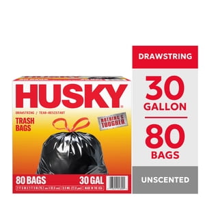 Husky 30 Gallon Large Drawstring Trash Bags, 80 Count