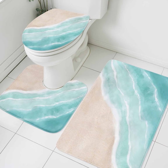 Summer Green Beach Wave Bathroom Rugs Set Coastal Nautical Watercolor Gradient Ocean Non Slip Absorbent Soft Bath Mats 3 Piece Set with Bathroom Rug, U-Shaped Floor Mat, Toilet Seat Cover Small Size