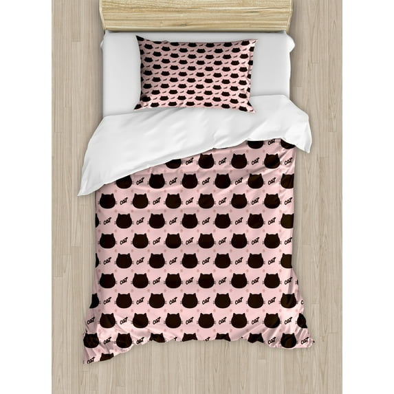 Cat Duvet Cover Set Twin Size, Dark Head Silhouettes Hand Writing and Dots Girlish Kids Design Sweet Abstract, Decorative 2 Piece Bedding Set with 1 Pillow Sham, Coral Seal Brown, by Ambesonne
