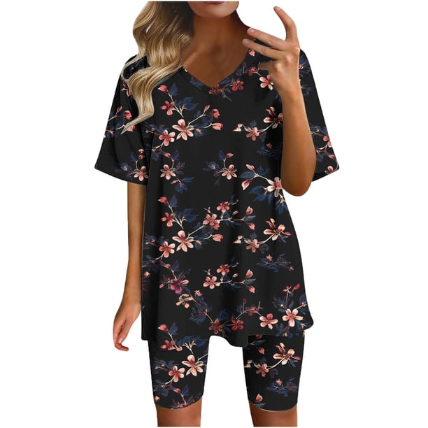 Blusas para las Mujeres Casual Impreso Cuello en V Manga Corta Blusa Pantalones Cortos, Conjuntos de Ropa para las Mujeres