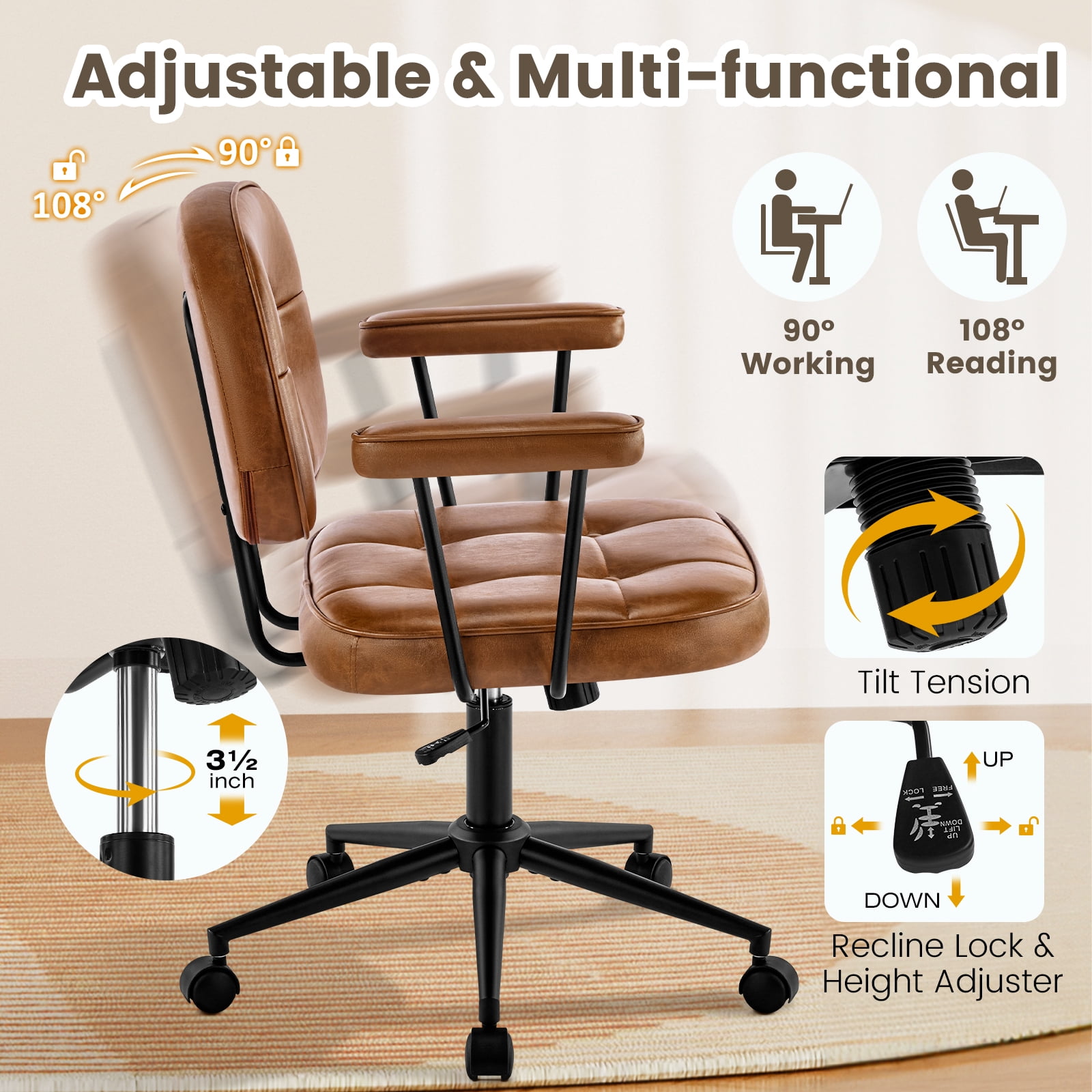 Falvinoryn Modern Home Office Desk Chair, Ergonomic Computer Task Chair with Padded Armrests, 360° Swivel Adjustable Height Rolling Chair, Rocking Function.Brown