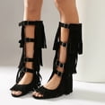 thumbnail image 3 of Womens Fringe Knee High Flat Boots Gladiator Open Toe Tassel Backless Sandals Strap Buckle Party Fashion Dress Shoes Black Size 9, 3 of 6
