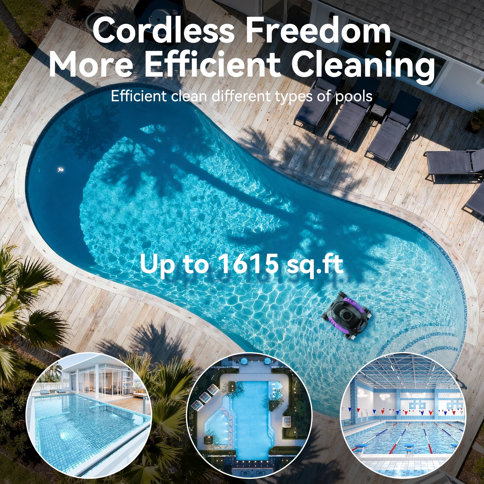 Robokleen RK-X3 Cordless Robotic Pool Vacuum Cleaner Wall-Climbing for In-Ground and Above Ground Pools, 140-Min Runtime,8L Large Capacity,Purple