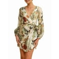 thumbnail image 3 of Female Floral Chiffon Long Sleeve Mini Dress Flowy A-Line Wrap Neck Tie Back Short Dress Green S, 3 of 9