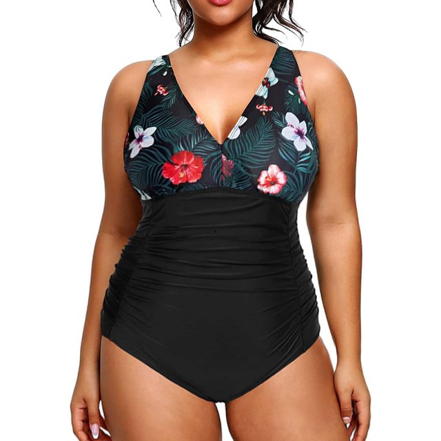 GHSDFBB Women Plus Size One Piece Swimsuits V Neck Tummy Control Bathing Suits Retro Ruched Swimwear