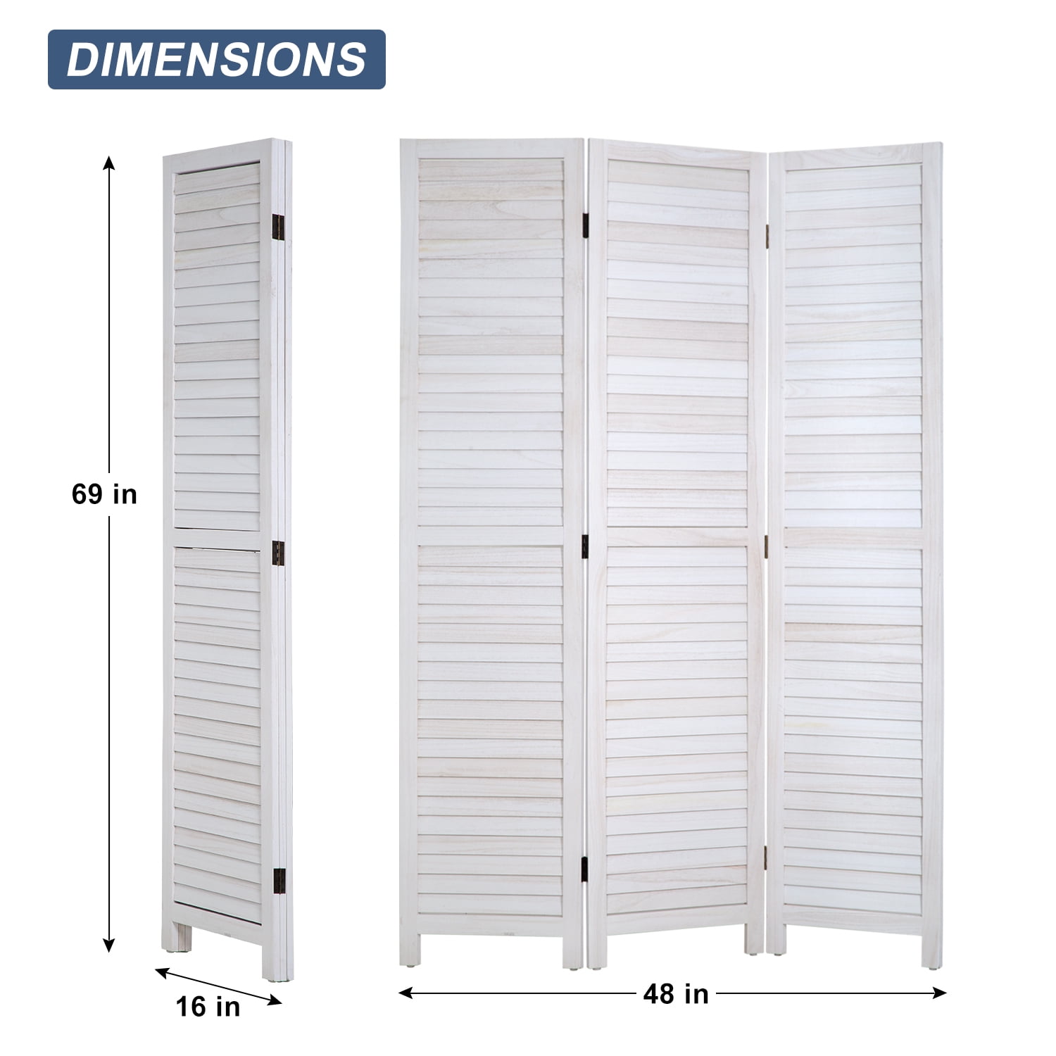 Dkelincs 3 Panel Wood Room Divider 4.3ft Tall Folding Privacy Screen Wall Divider 67"×16" Each Panel Wood Screen, White