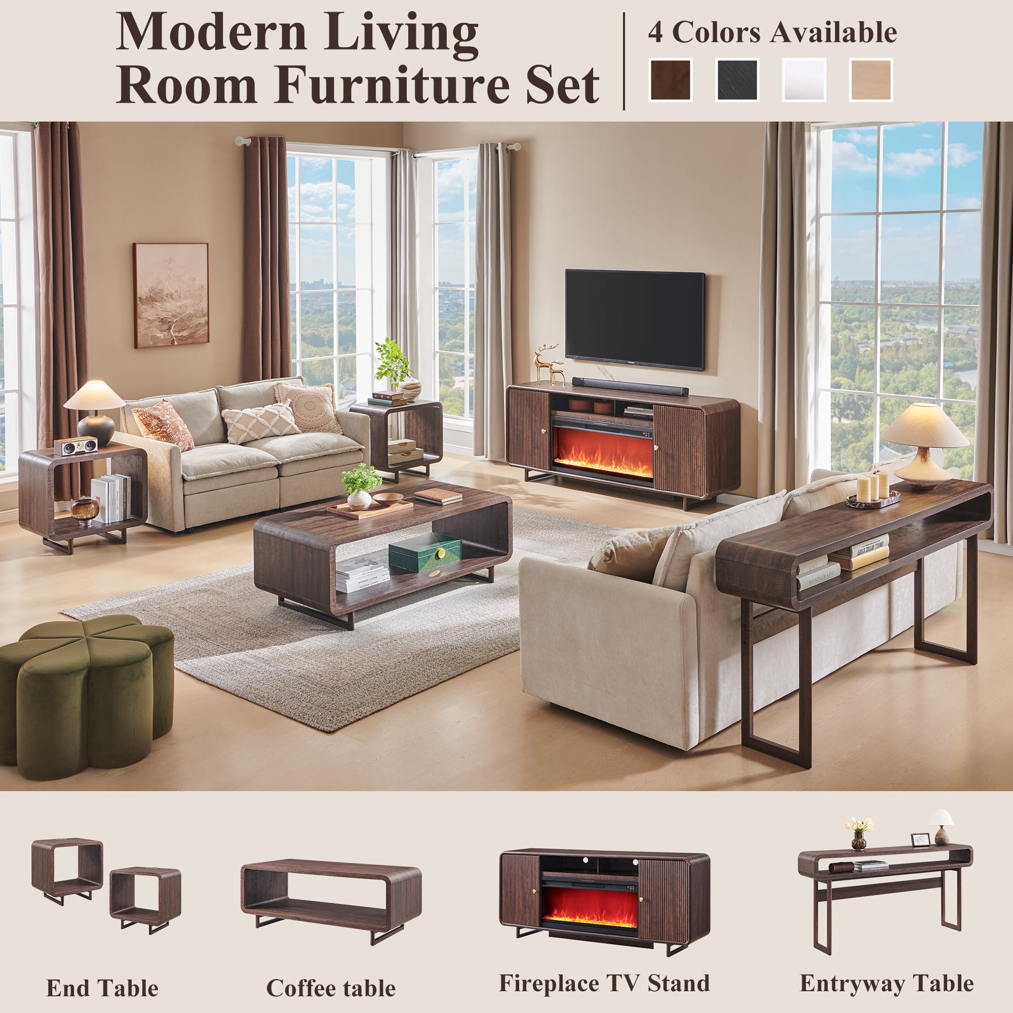 SinCiDo 70" Fluted Fireplace TV Stand for 80 Inch TV, Modern Entertainment Center w/36'' Electric Fireplace, Curved Profile Design for Living Room, Brown