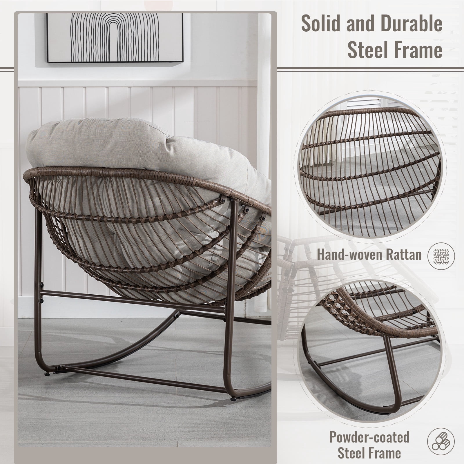 Indoor/Patio Rocking Chair, Oversized Rattan Egg Chair with Steel Frame & Padded Cushion