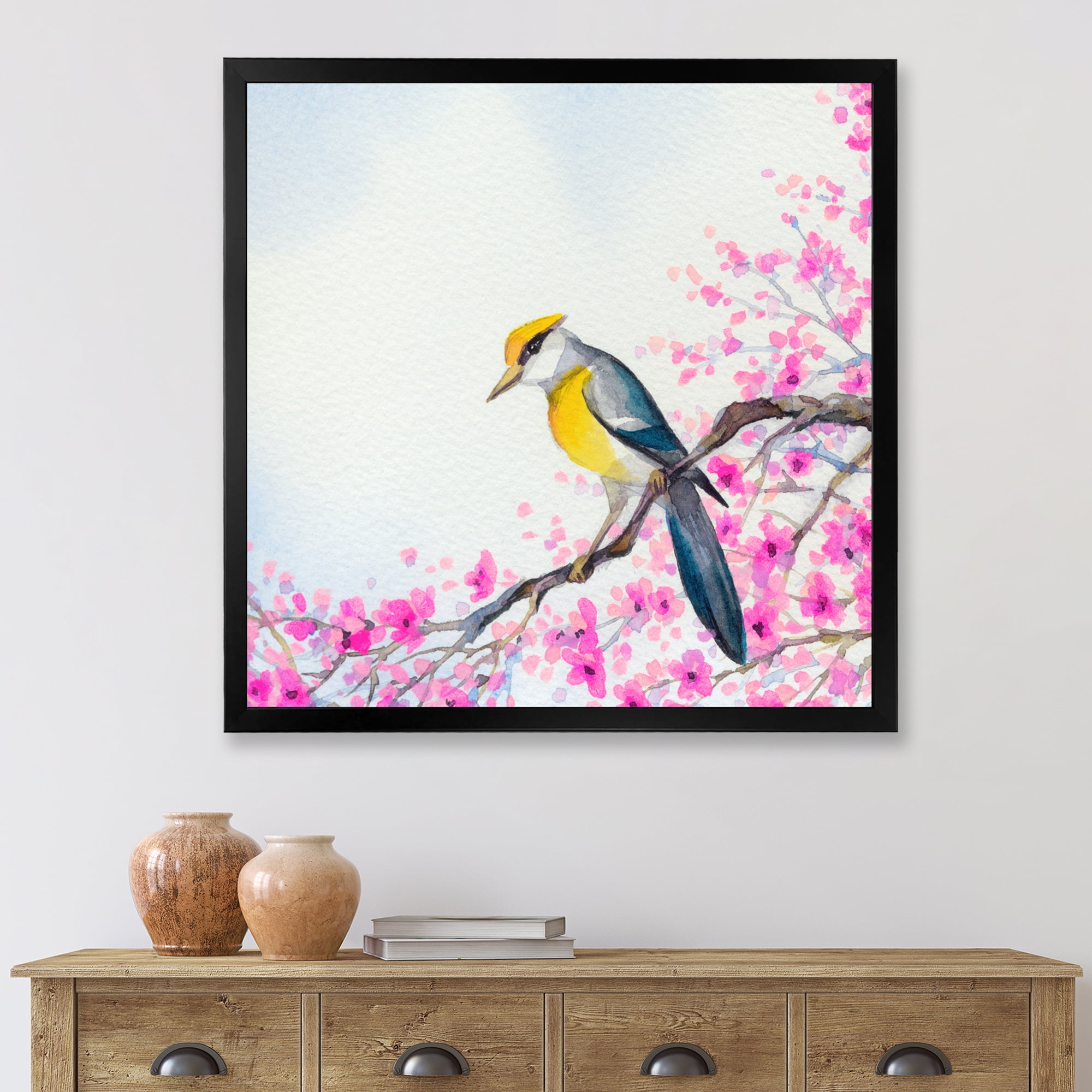 Beautiful Bird Sitting On Flowering Branch 36 in x 36 in Framed Painting Canvas Art Print, by Designart