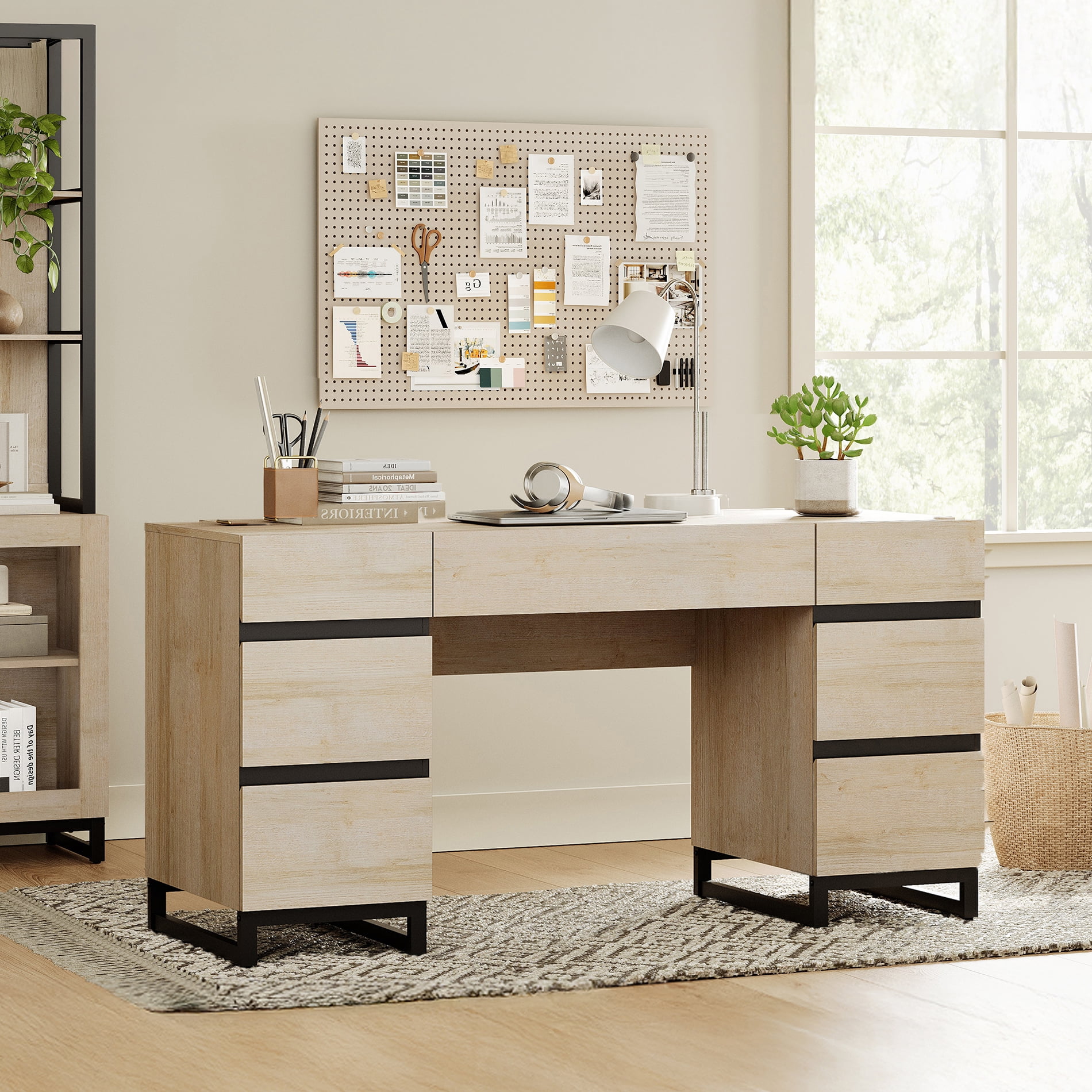 WAMPAT Home Office Furniture Set: 59in Modern Executive Desk with Charging Station & Drawers and Three 72in Tall Bookcases with Storage Cabinet, Home Office Furniture for Living Room, Beige