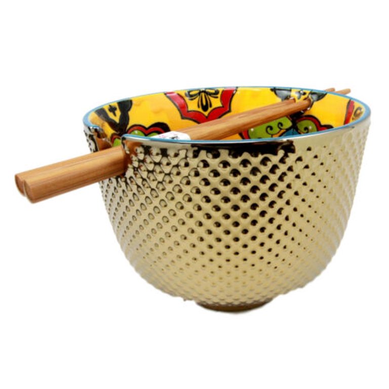 Set of 2 Luxury Gold Plated Ramen Noodle Bowls W/ Chopsticks Tropical Sun  Owl for sale online