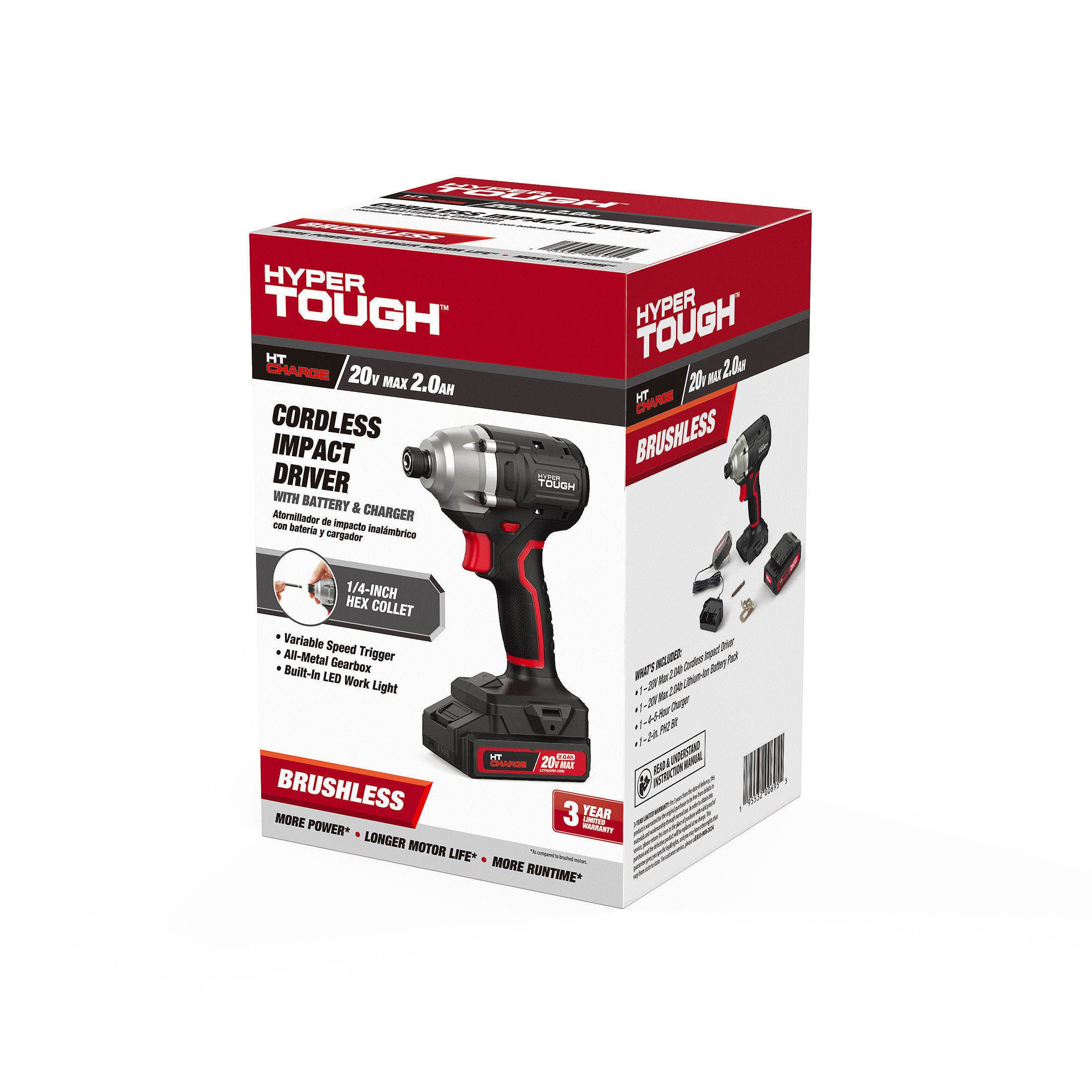 Atornillador de impacto Hyper Tough de 20V sin escobillas con batería de 2.0Ah de iones de litio y cargador, tamaño de portabrocas hexagonal de 1/4 de pulgada, 22006.2 2