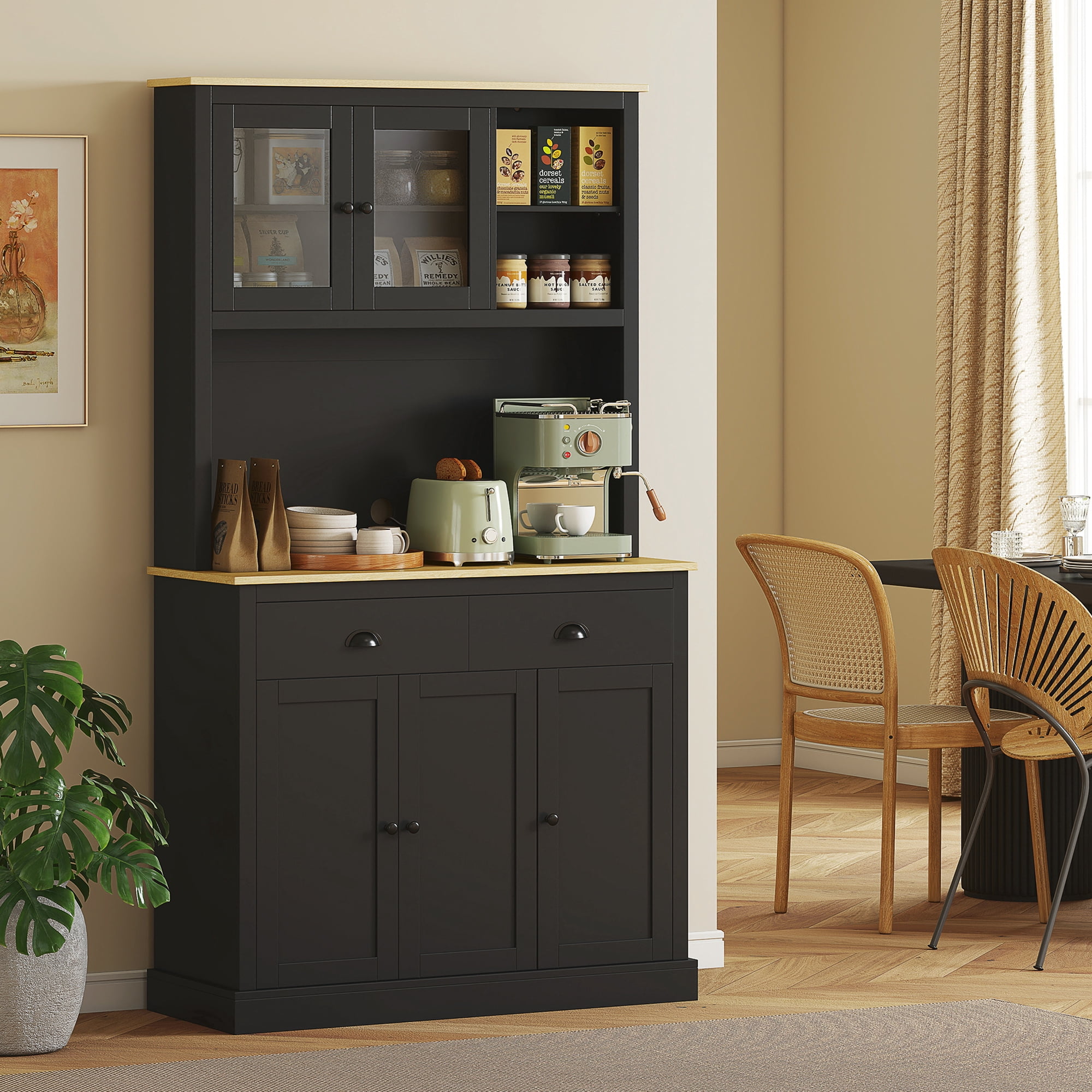 HOMCOM Freestanding Kitchen Cabinet with Wide Countertop, Tall Pantry Cabinet with Adjustable Shelves, Modern Hutch for Dining Room, Black