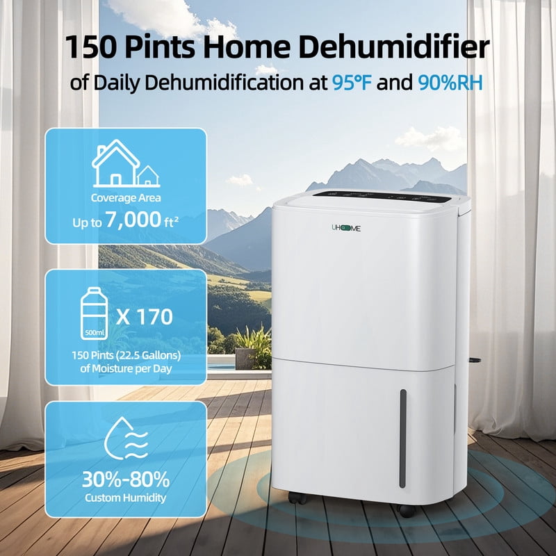 150 pt. 5,000 sq. ft. Dehumidifier in Whites with Pump, Quietly Remove Moisture, Auto Defrost, Dry Clothes, 24-Hour Timer