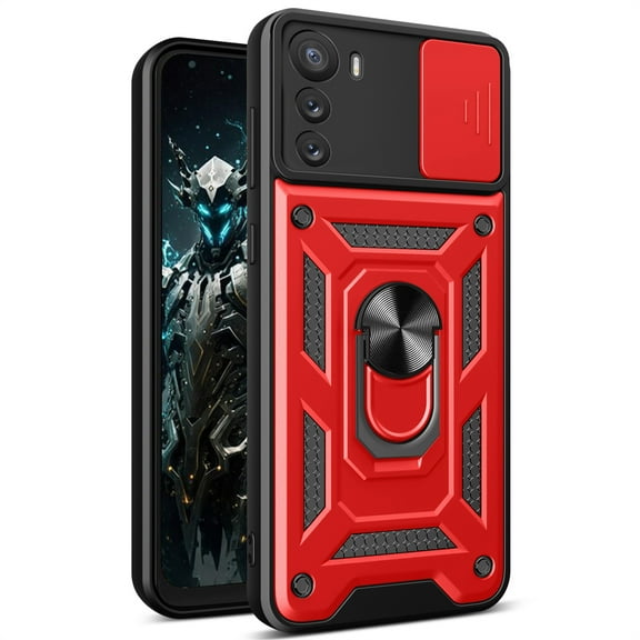 CSmaller for Motorola G42 Case with Slide Camera Cover for Men, Military Grade Drop Proof Phone Cover with Rotate Ring Kickstand Lens Protection Case for Moto G42 SJ Red
