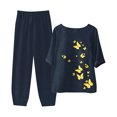 thumbnail image 4 of Jacenvly Summer Trendy Women's Summer Printed Half Sleeve Round Neck Cropped Top + Casual Pants Suit Set Two Piece Lounge Set Floral Fast Drying Two Piece Outfits Women Plus Size Navy, 4 of 7