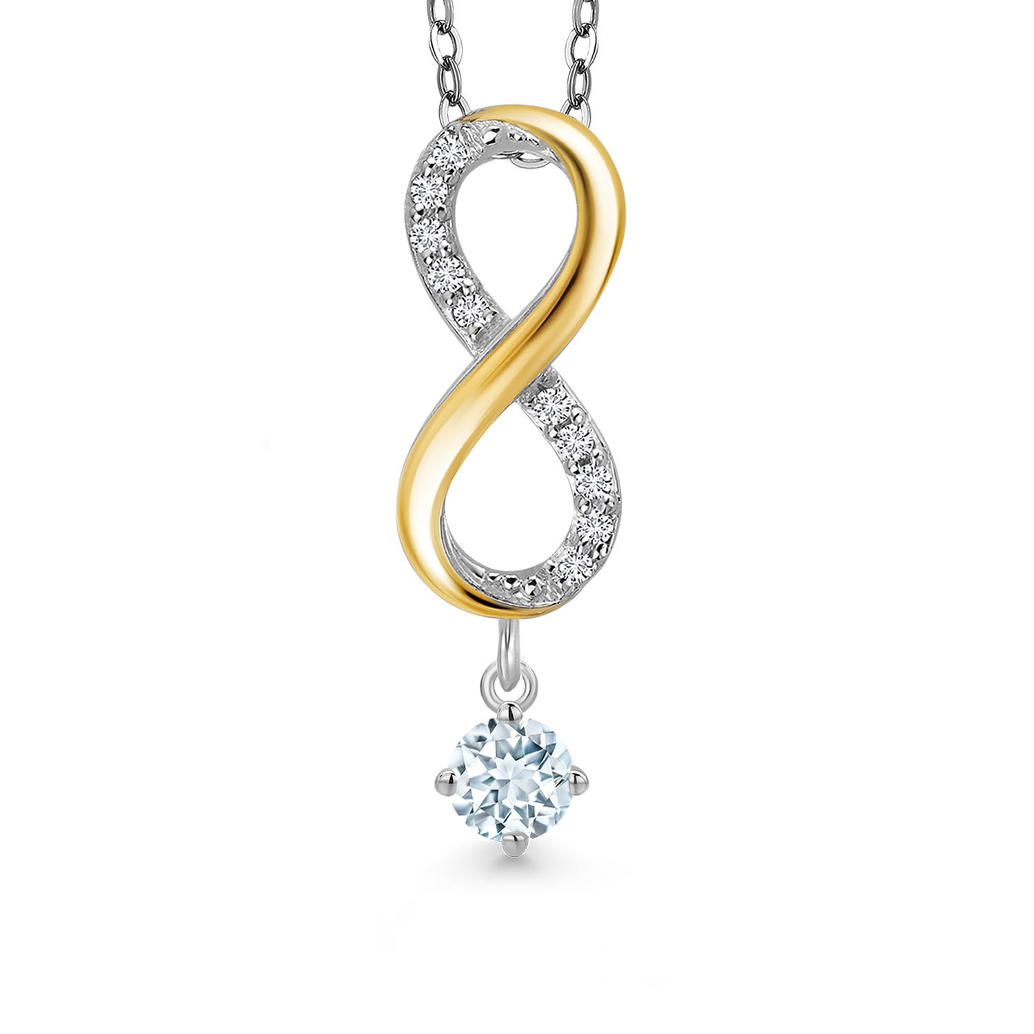 Gem Stone King 925 Silver and 10K Yellow Gold Sky Blue Aquamarine and Lab Grown Diamond Pendant Necklace for Women | 0.33 Cttw | Gemstone March Birthstone | Round 4MM | With 18 inch Silver Chain