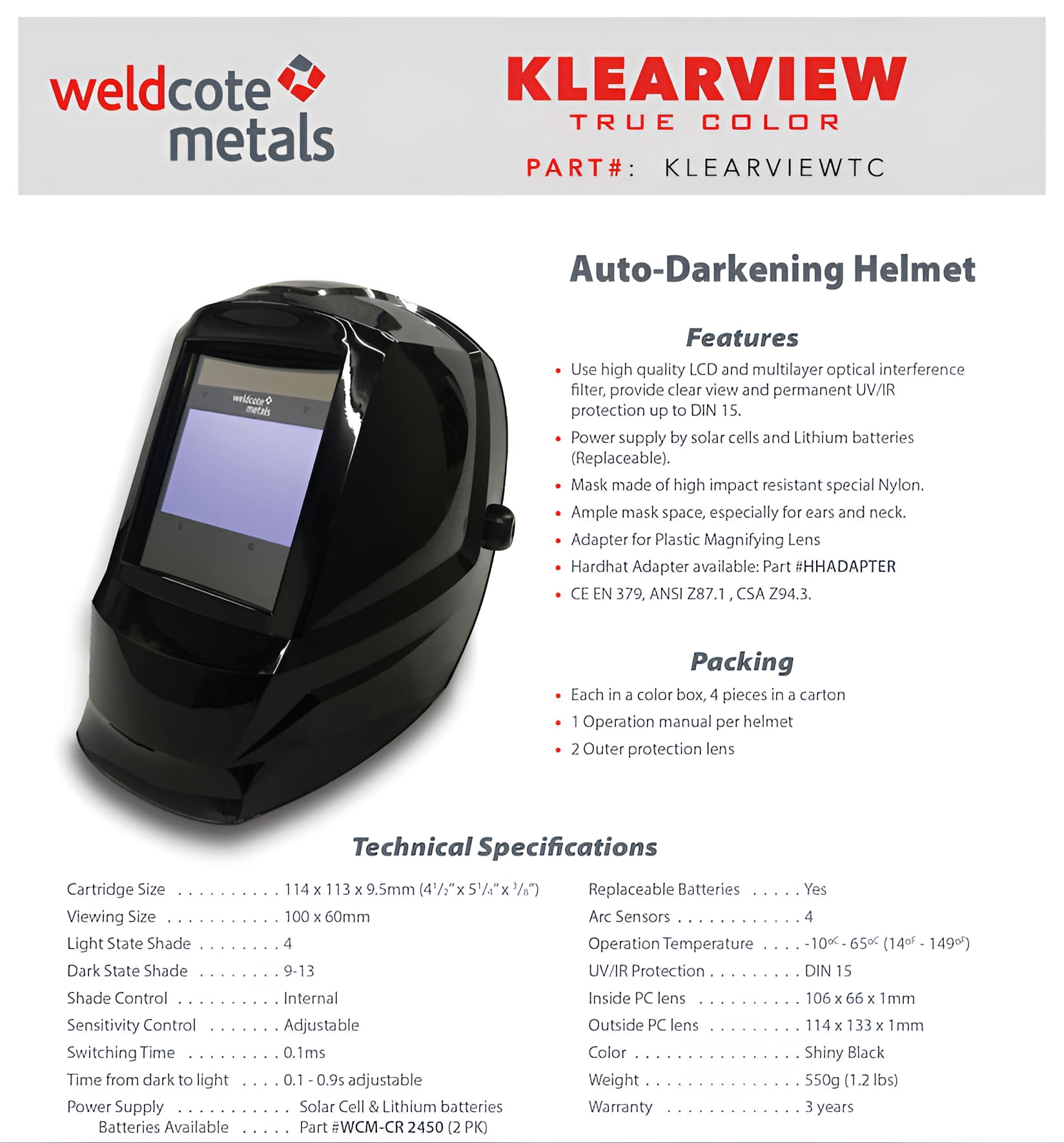 Weldcote Metals Klear-View True Color Auto Darkening Welding Helmet, Black