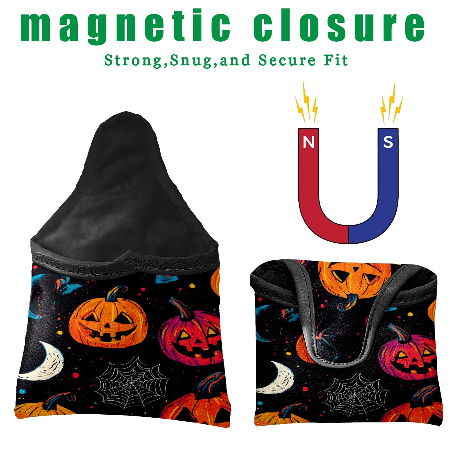 Golf Mallet Putter Cover Premium Leather Waterproof Golf Putter Head Cover with Magnetic Closure Cute Halloween Pumpkin