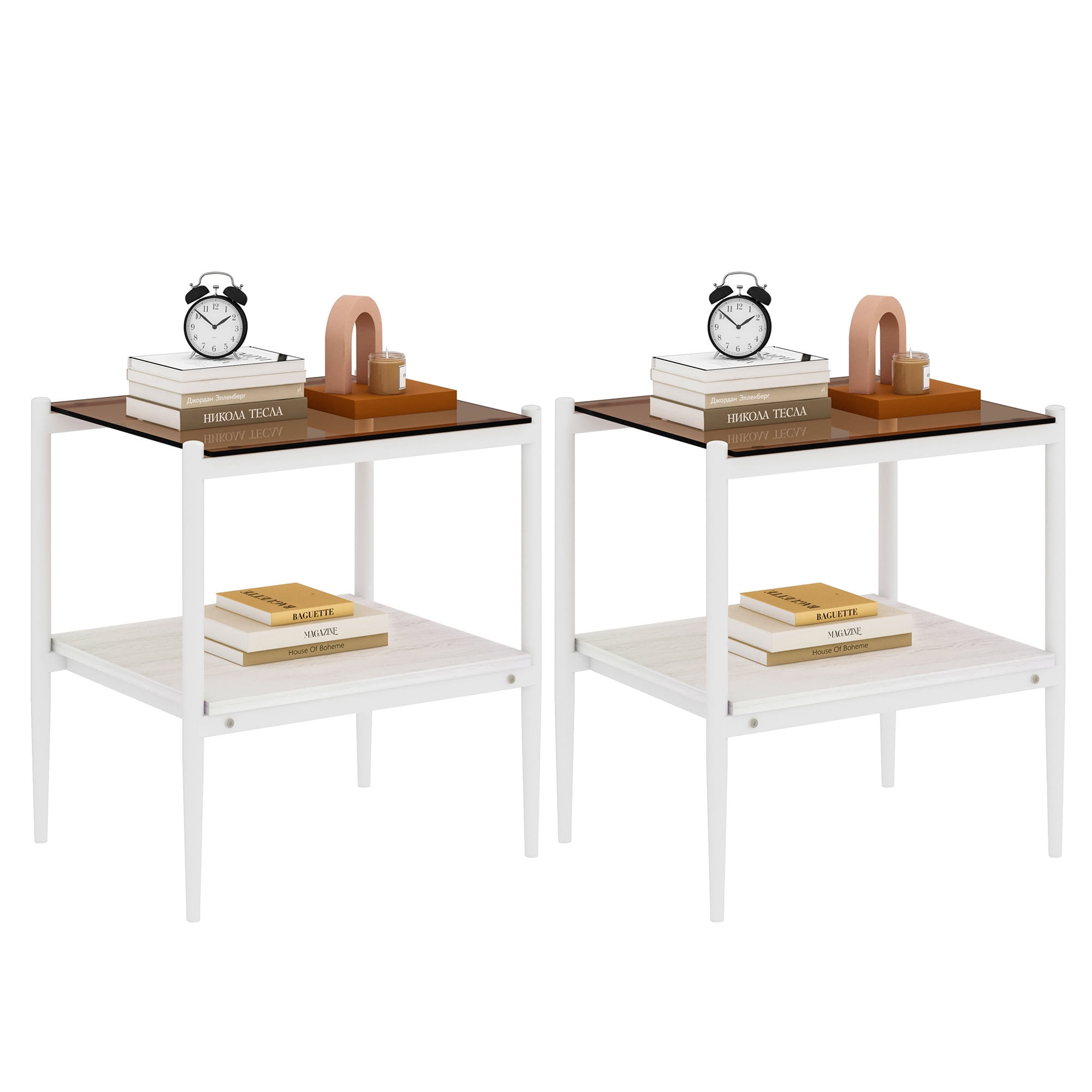 MAYEERTY Set of 2 Rectangle End Tables with Brown Tempered Glass & MDF Layer