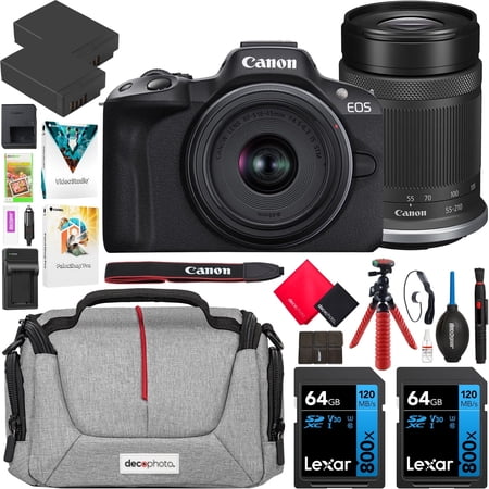 Canon EOS R50 Mirrorless Camera Body w/ 2 Lens Kit RF-S 18-45mm IS STM & RF-S 55-210mm IS STM 5811C022 (Renewed) Bundle w/ Deco Gear Photography Bag + 2x Battery + 2x 64GB Memory Cards + Accessories