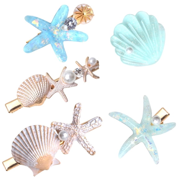5pcs Seashell Starfish Hair Clips Princess Enamel Headwear Shell Pearl Rhinestone Mermaid Hairpins Wedding Beach Hair Accessories for Women Summer Styling Decor, 5 Styles