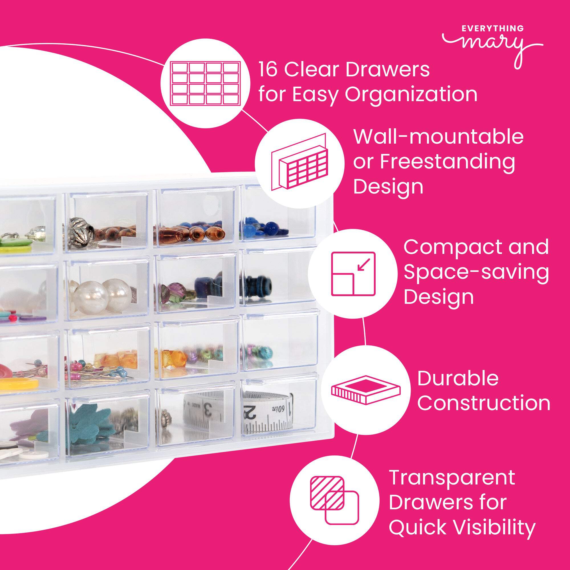 Everything Mary Clear 16-Drawer Organizer – Wall-Mountable Plastic Storage Cabinet for Crafts, Jewelry, Beads  Small Parts