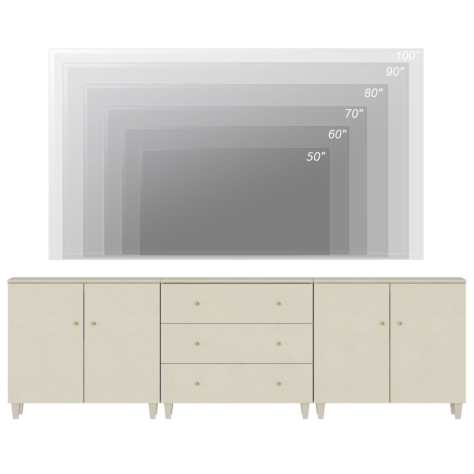 WAMPAT Wide TV Stand for 100+ Inches TVs, 3-in-1 Modern Wooden Media Console with 3 Spacious Drawers and 2 Storage Cabinets for Living Room, Beige