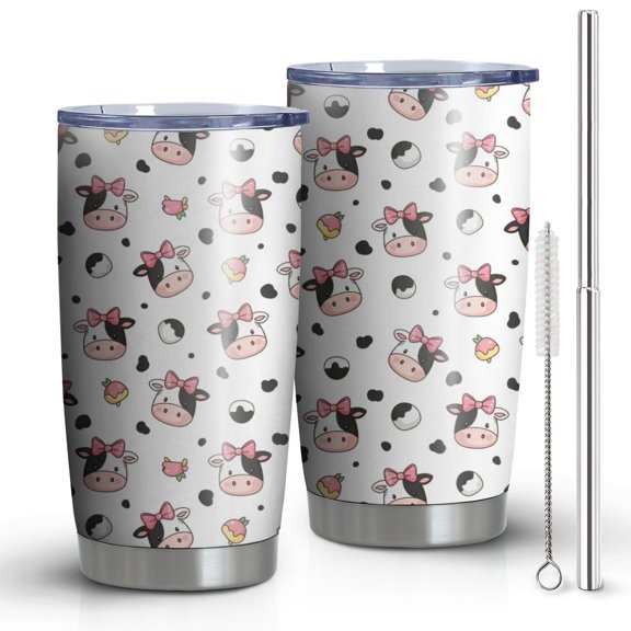 20oz Tumblers White Cow Bow Pattern Stainless Steel Vacuum Insulated Double Wall Travel Tumbler Cups Mug with Lid and Straw,Cleaning Brush for Cold & Hot Drinks
