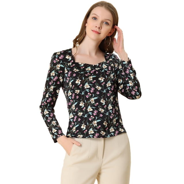 INSPIRE CHIC Blusa de mujer, cuello vuelto, manga larga floral vintage Negro S
