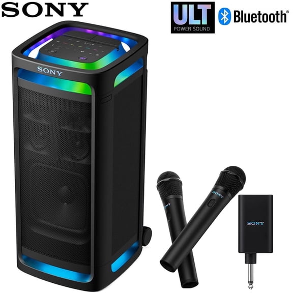 Sony SRSULT900 ULT Tower 9 Bluetooth Karaoke Party Speaker with Carrying Handle and Wheels Bundle with Sony ULT POWER SOUND series ULT MIC Wireless Microphone (2 Mics, 1 Receiver)