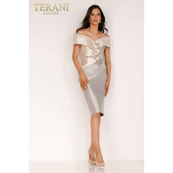 Women's Terani Couture 2111C4560 Embellished Short Cocktail Dress Champagne Goldish Beige Taupe 24