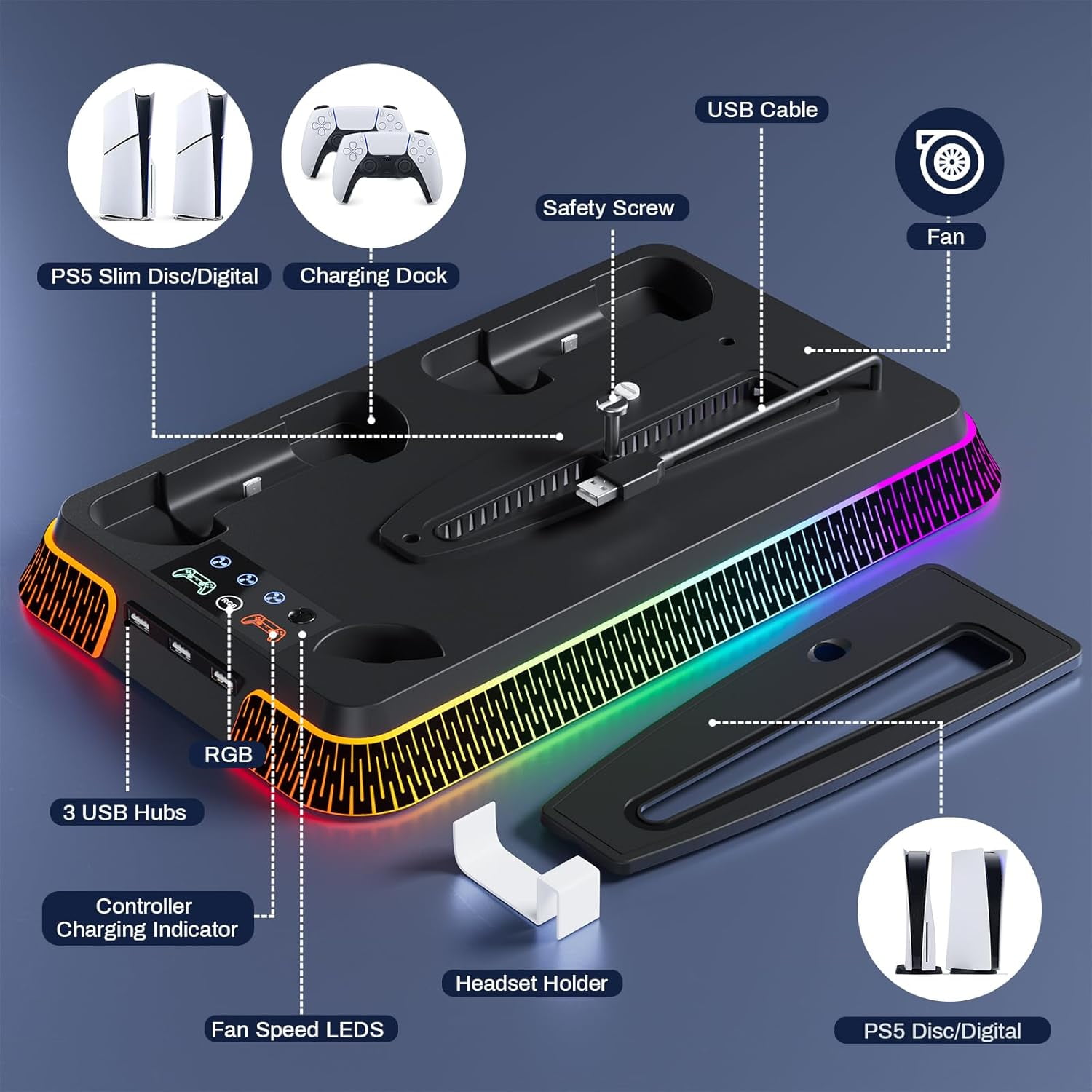 PS5/Pro/Slim Stand for Cooling Station, Controller Charging Station for PlayStation 5 Console, PS5 Stand Controller Charger for with 3 Levels Cooling Fan, Headset Holder for PS5 Digital/Disc