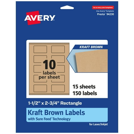 UPC: 0194793919943 | Avery Kraft Brown Rectangle Labels with Sure Feed 1.5 x 2.75 150 Kraft Brown Labels Print-to-the-Edge Laser/Inkjet Printable Labels