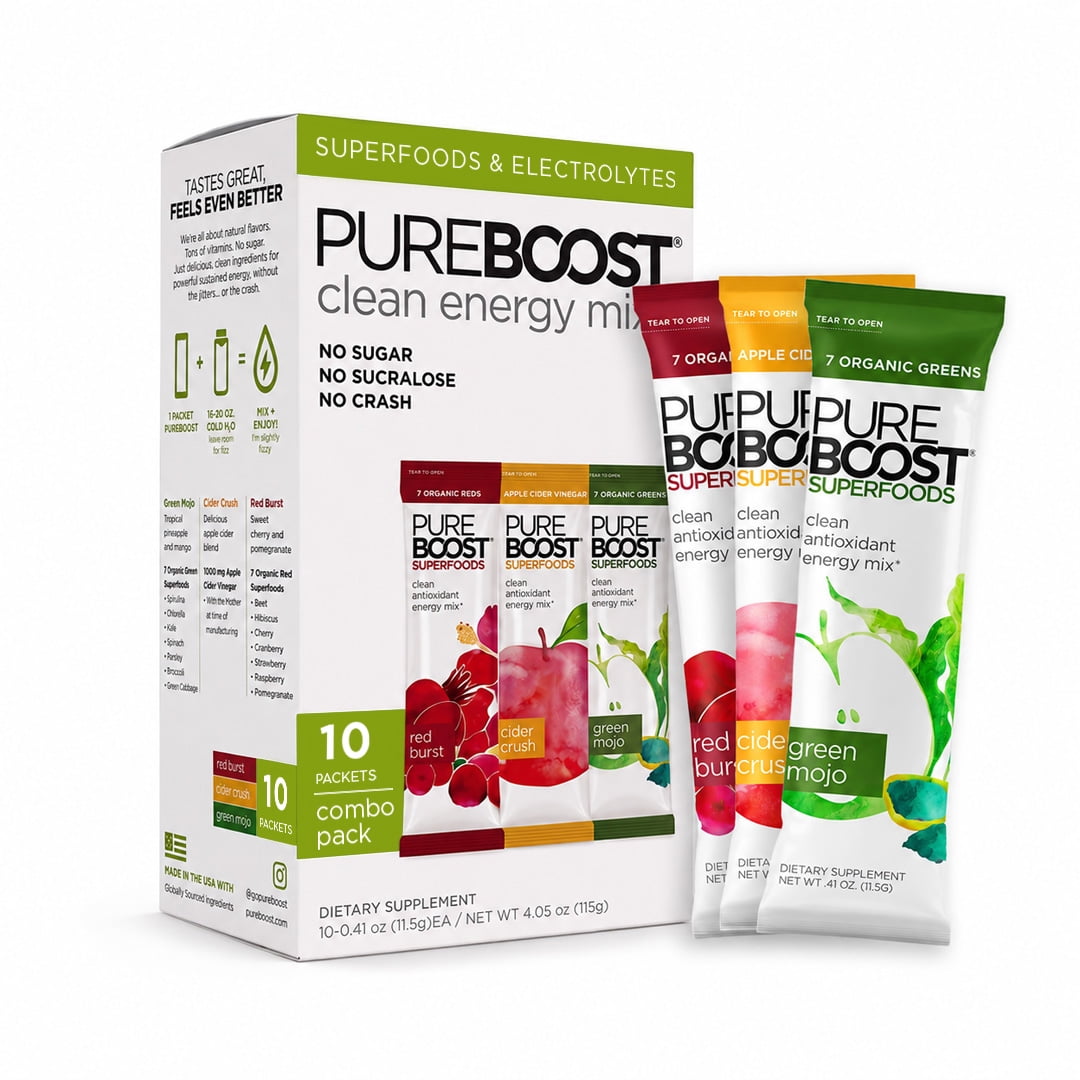 Pureboost Superfoods Clean Energy Booster, Combo Pack 10 Count, Refreshing Energy Drink Mix with Apple Cider Vinegar 7 organic Red or Green Superfoods. Sugar-Free, No Sucralose, Electrolytes