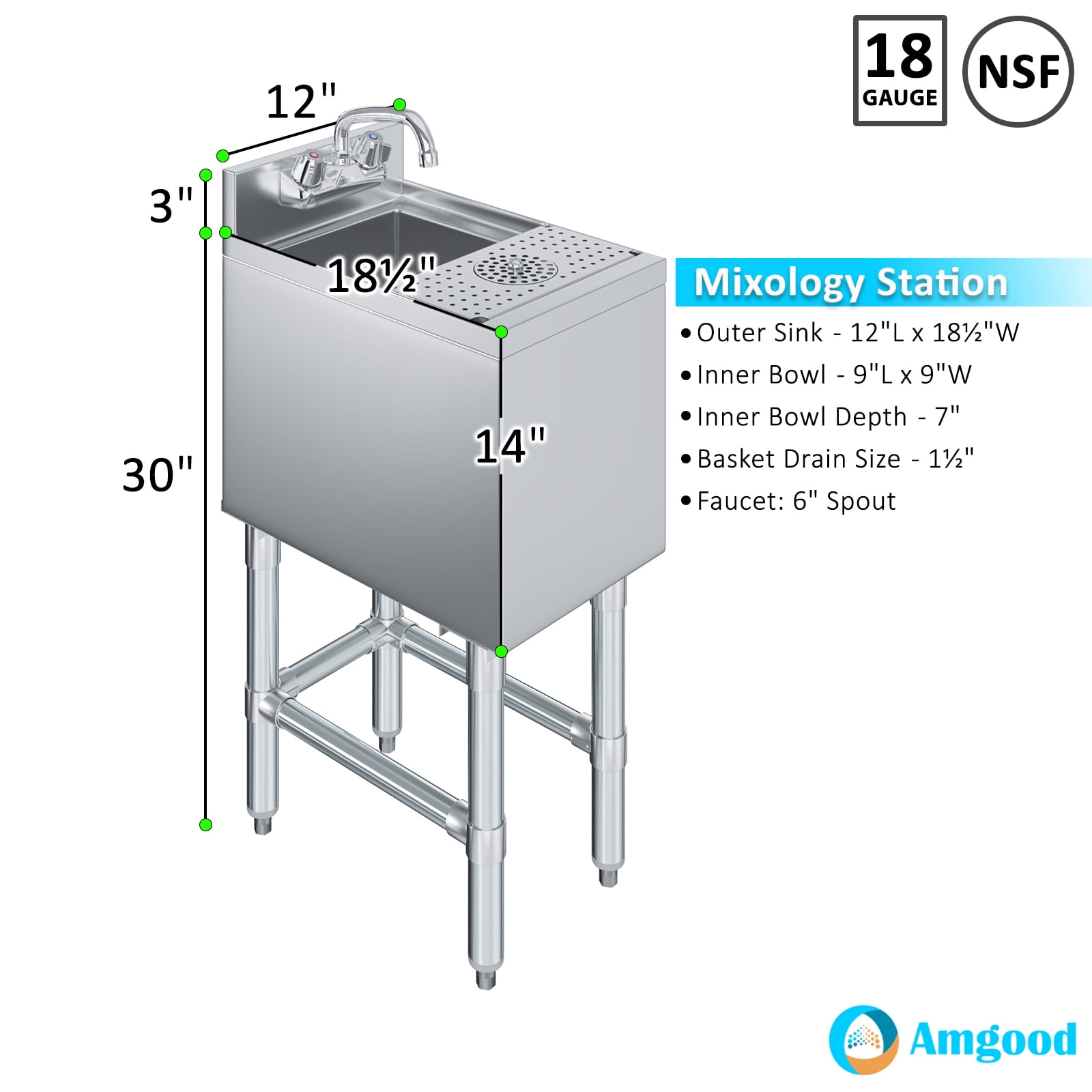 AmGood Underbar Mixology Station 18.5 in. x 12 in. Stainless Steel Bar Sink with Glass Rinser, Faucet, and 3 in. Backsplash