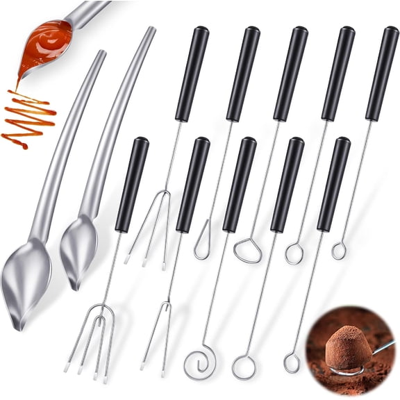 12 Pcs Candy Dipping Tools Set Included 10 Chocolate Dipping Fork Spoons and 2 Stainless Steel Culinary Decorating Spoons Chef Art Pencil for Decorative Plates