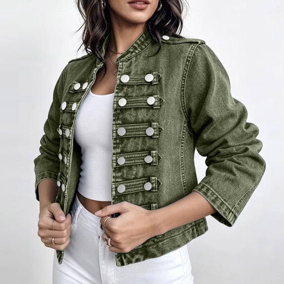 Women's Stand Collar Denim Jacket, Long Sleeve Double Breasted Cropped Jean Coat, Casual Military Style Denim Outerwear for Daily Street Wear 01-Army Green S