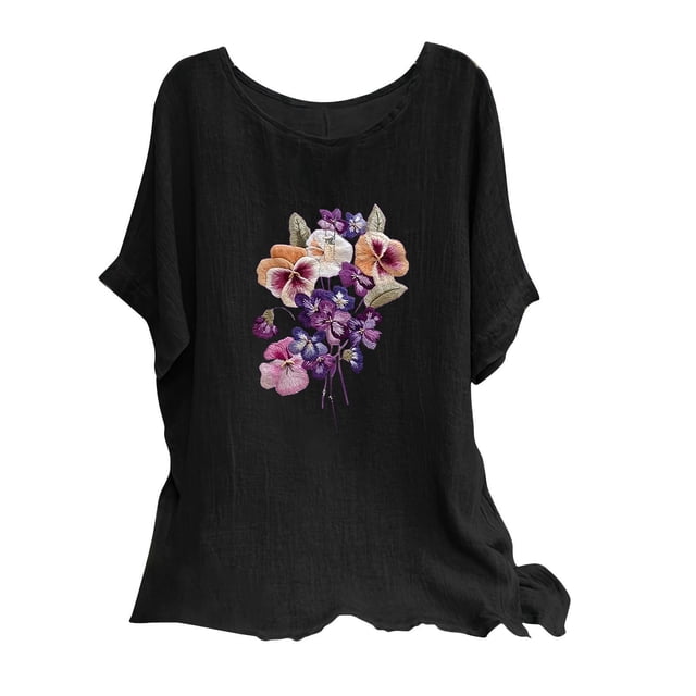 Birdeem Blouses pour Femmes, T-Shirt Décontracté à Broderie Imprimée, Manches Courtes, Coton et Lin