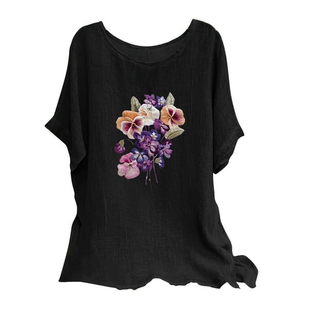 Blusas de Manga Corta para las Mujeres Mezcla de Lino de Ajuste Suelto Top de Bordado, Blusas para las Mujeres Casual