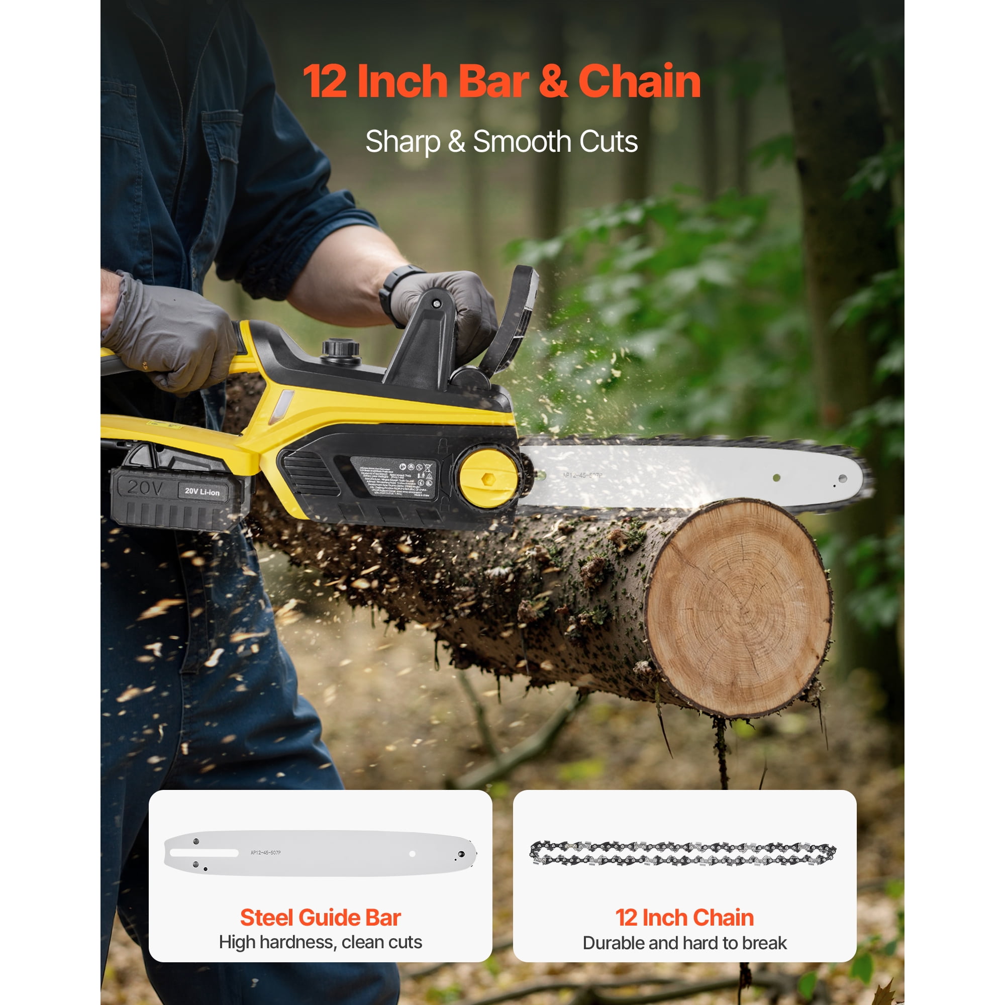KFFKFF Cordless Chainsaw, 20V 12-Inch Brushless Electric Saw with 4.0Ah Battery and Fast Charger, Lightweight Tool for Tree Cutting, Woodwork, Pruning, and Trimming