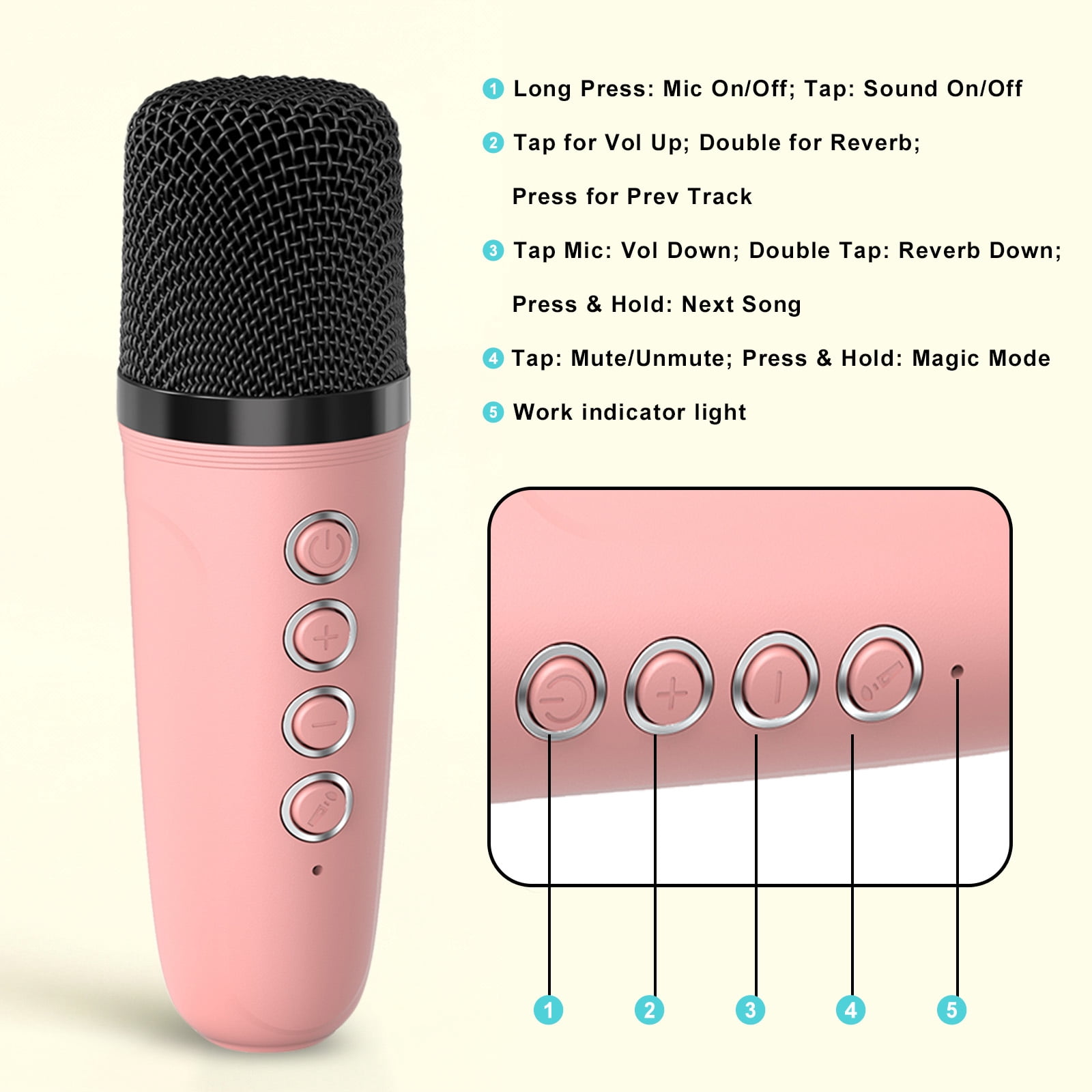 Rirool Kids Karaoke Machine with 2 Wireless Microphones, Bluetooth Karaoke Speaker with LED Lights, Voice Changer & Portable Party Toy for Boys & Girls, Pink