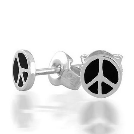 Childrens Sterling Silver Birthstone Earrings - Childrens Black Enamel Peace Sign Sterling Silver Stud Earrings