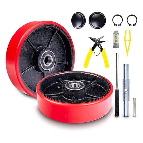 Pallet Jack/Truck Steering Wheels Set with Axle, Fasteners and Protective (4 pcs) 7" x 2" with Bearings ID 20mm Tread Red, Tool Kit Included
