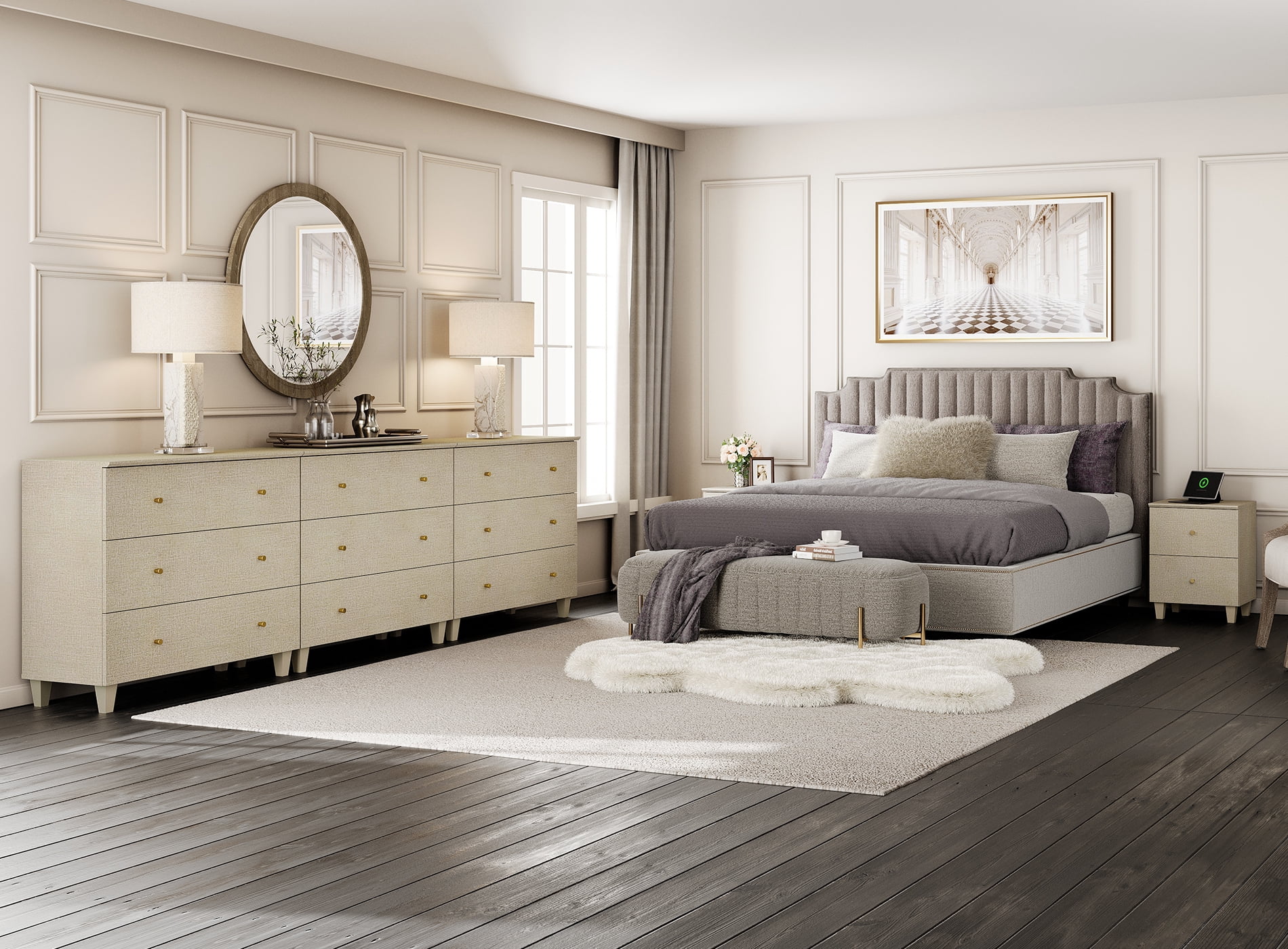 WAMPAT Dresser and Nightstands Set of 5, Wood Dressers with 9 Drawers, 2 Pieces Nightstands with Charging Stations for Living Room, Beige Linen Printed