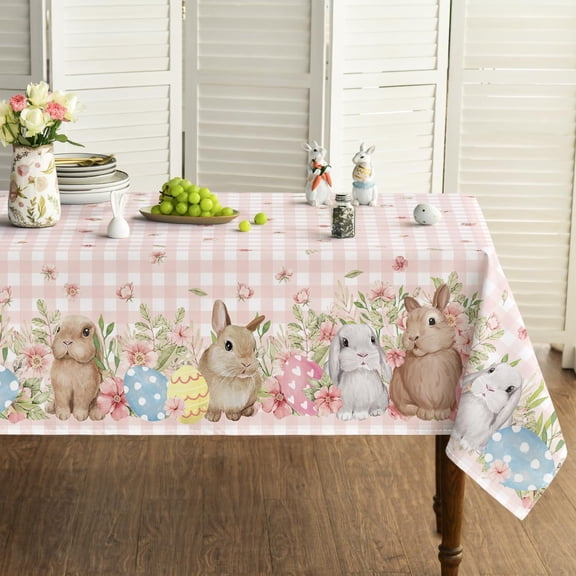 Easter Tablecloth 60×60 Inch, Bunnies Pink Buffalo Plaid Spring Washable Table Cover for Party Picnic Dinner Decor