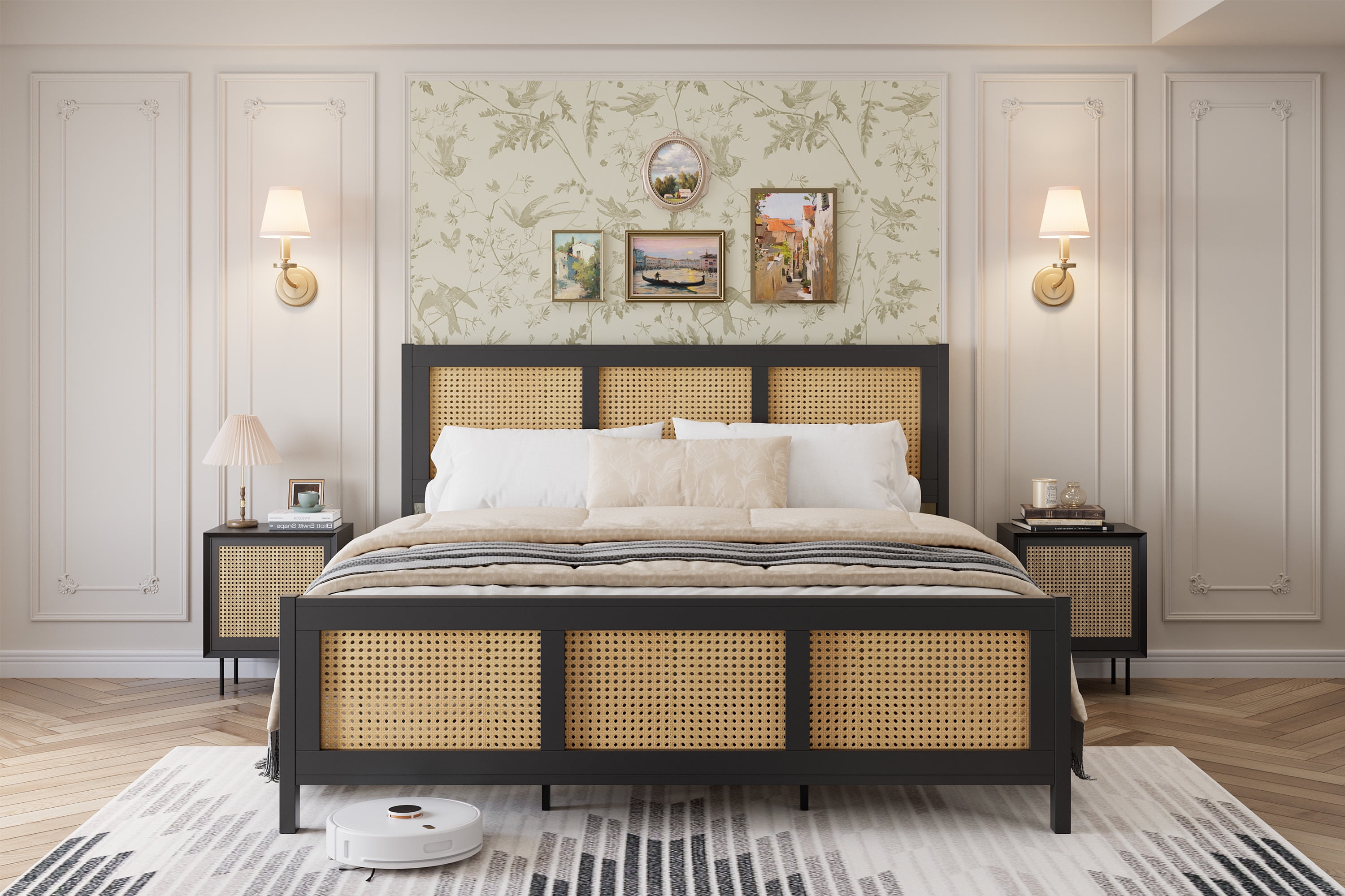 Bed Frame with Headboard, Bohemian Rattan Platform Bed Frame with Strong Metal Slats Support, No Box Spring Needed, Noise-Free Design