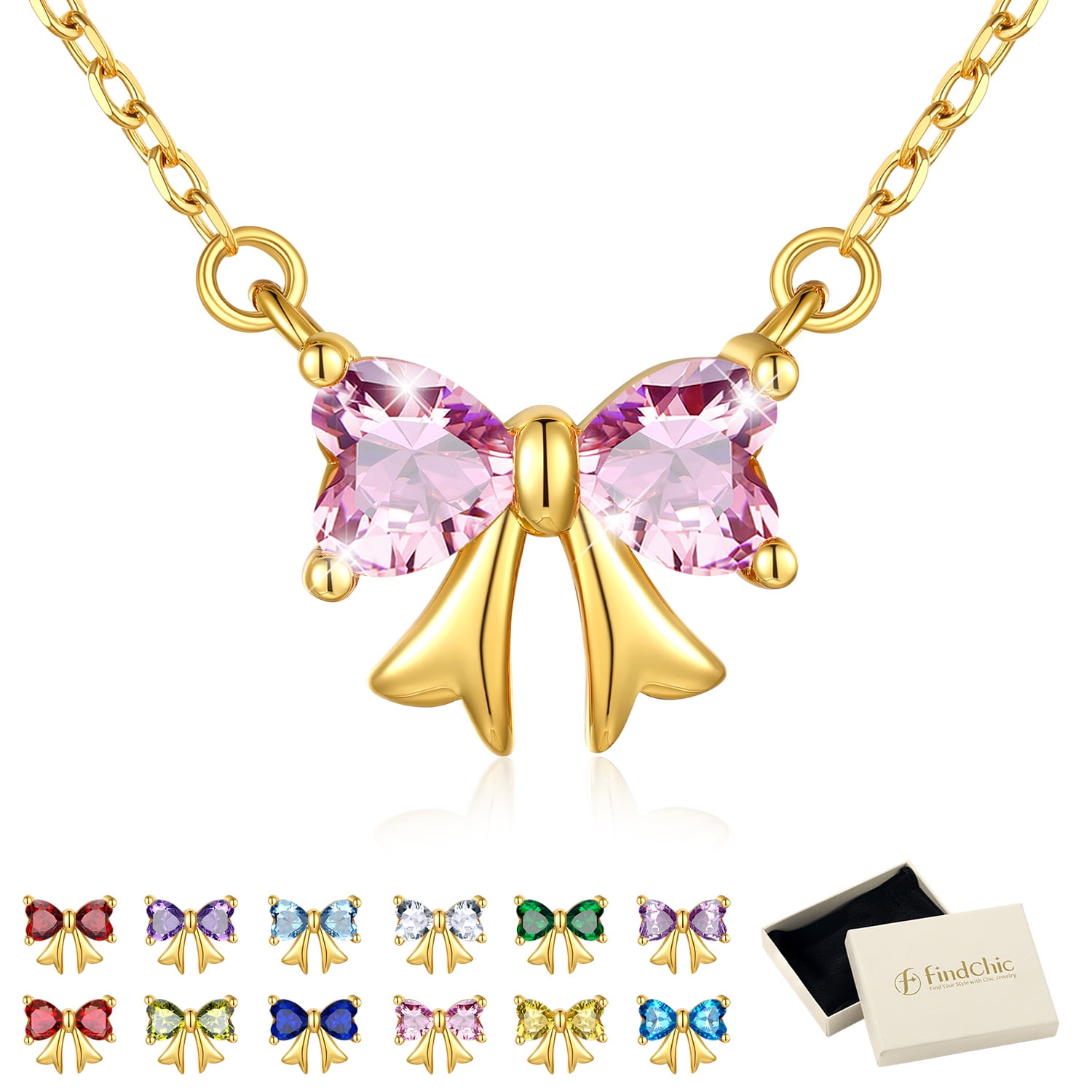FindChic 14K Gold Plated Necklace for Women, Love Heart Cubic Zirconia Pendant October Birthstone Bow Necklaces Birthday Mothers Day Jewelry Gifts Her Wife Lady Adults Ideas