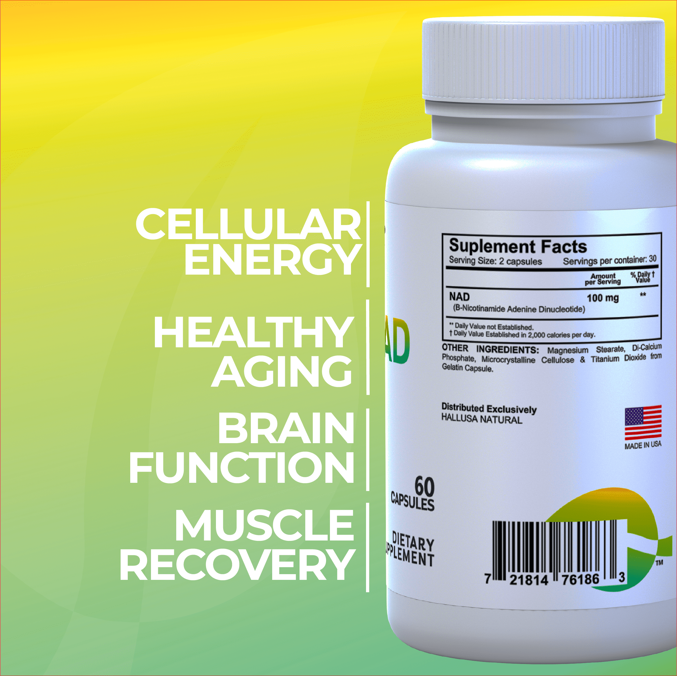 HALLNAD – NAD 100mg Max Strength, NADH Healthy Aging, Heart Health, Cellular Health, Fitness Support & Energy Management – 60 Caps